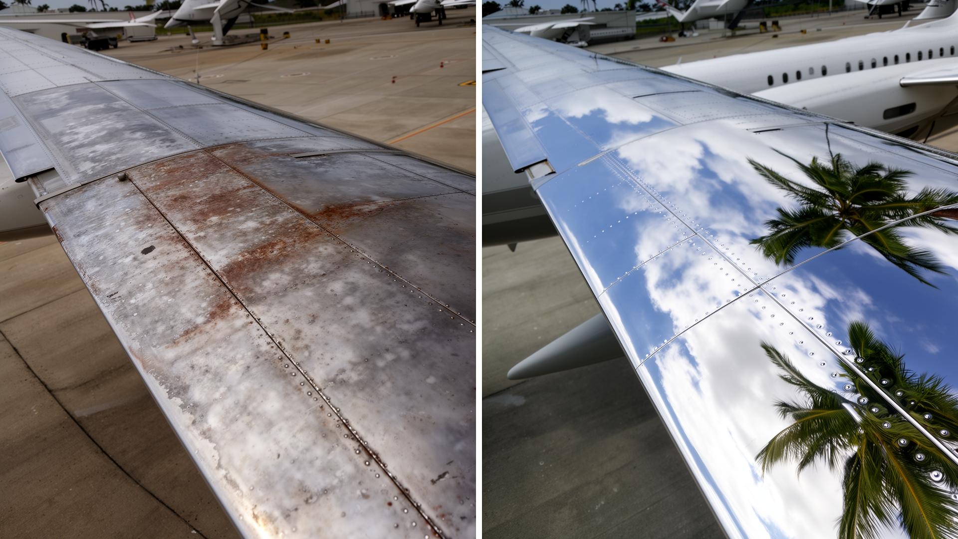 Before and after aircraft wing detailing