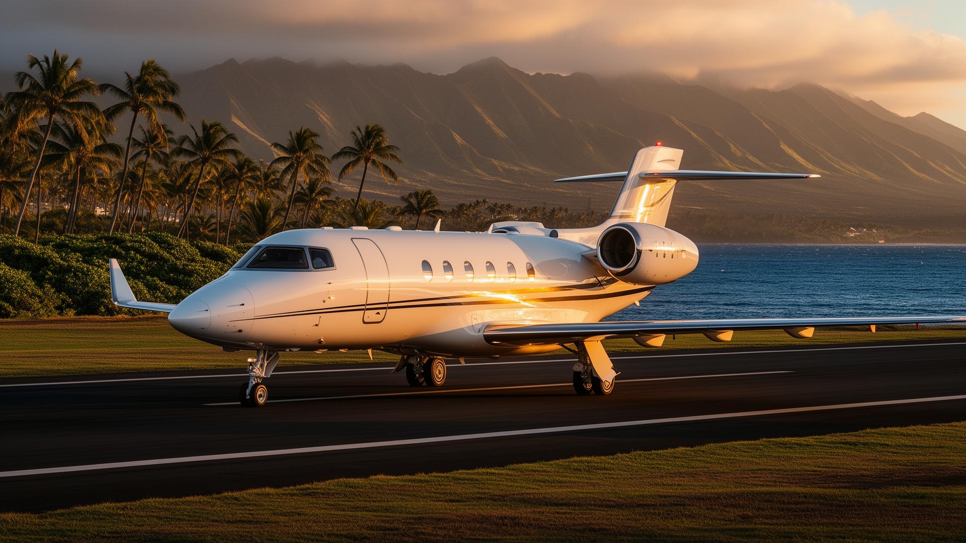 Luxury private jet on a Hawaiian runway at golden hour
